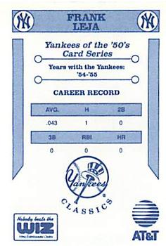 1992 The Wiz New York Yankees of the 50s #NNO Frank Leja Back