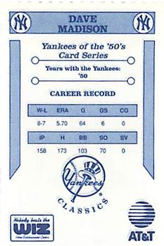 1992 The Wiz New York Yankees of the 50s #NNO Dave Madison Back