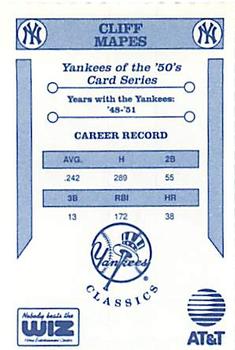 1992 The Wiz New York Yankees of the 50s #NNO Cliff Mapes Back