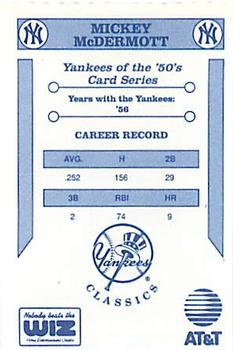 1992 The Wiz New York Yankees of the 50s #NNO Mickey McDermott Back