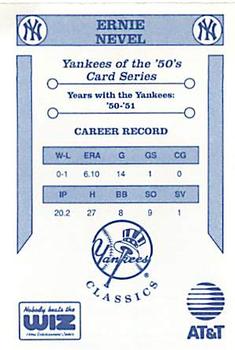 1992 The Wiz New York Yankees of the 50s #NNO Ernie Nevel Back