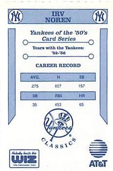 1992 The Wiz New York Yankees of the 50s #NNO Irv Noren Back