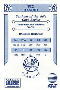 1992 The Wiz New York Yankees of the 50s #NNO Vic Raschi Back