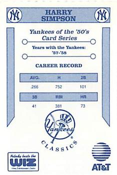 1992 The Wiz New York Yankees of the 50s #NNO Harry Simpson Back