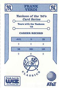 1992 The Wiz New York Yankees of the 50s #NNO Frank Verdi Back