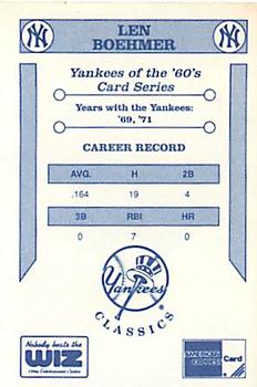 1992 The Wiz New York Yankees of the 60s #NNO Len Boehmer Back