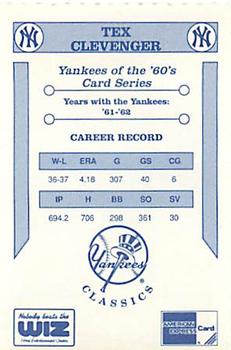 1992 The Wiz New York Yankees of the 60s #NNO Tex Clevenger Back