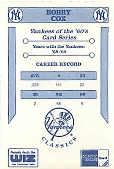 1992 The Wiz New York Yankees of the 60s #NNO Bobby Cox Back