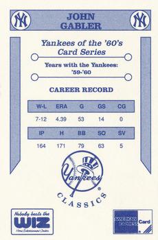 1992 The Wiz New York Yankees of the 60s #NNO John Gabler Back