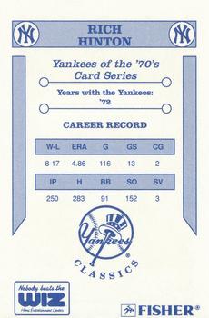 1992 The Wiz New York Yankees of the 70s #NNO Rich Hinton Back