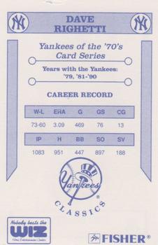 1992 The Wiz New York Yankees of the 70s #NNO Dave Righetti Back