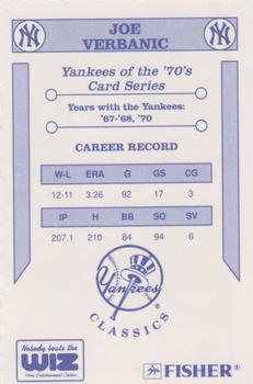 1992 The Wiz New York Yankees of the 70s #NNO Joe Verbanic Back