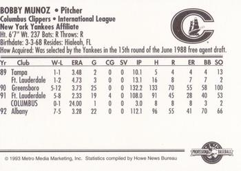 1993 Columbus Clippers #NNO Bobby Munoz Back