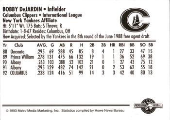 1993 Columbus Clippers #NNO Bobby DeJardin Back