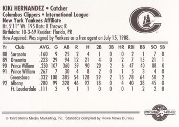 1993 Columbus Clippers #NNO Kiki Hernandez Back