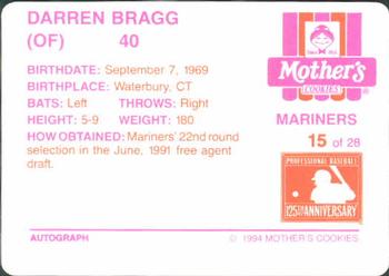 1994 Mother's Cookies Seattle Mariners #15 Darren Bragg Back