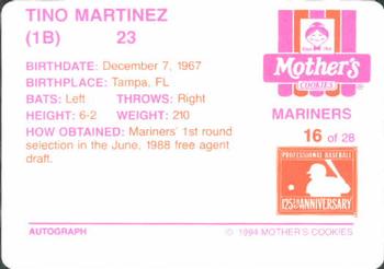 1994 Mother's Cookies Seattle Mariners #16 Tino Martinez Back