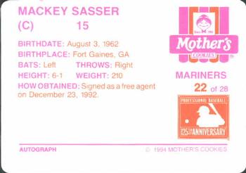 1994 Mother's Cookies Seattle Mariners #22 Mackey Sasser Back