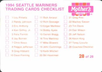 1994 Mother's Cookies Seattle Mariners #28 Coaches & Checklist (Sam Perlozzo / Lee Elia / Sammy Ellis / John McLaren / Sam Mejias) Back