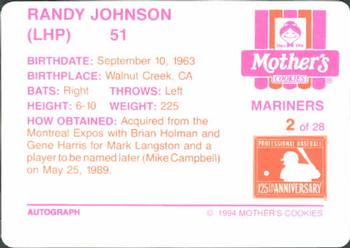 1994 Mother's Cookies Seattle Mariners #2 Randy Johnson Back
