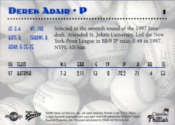 1998 Multi-Ad Clearwater Phillies #1 Derek Adair Back
