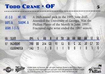 1998 Multi-Ad Clearwater Phillies #5 Todd Crane Back