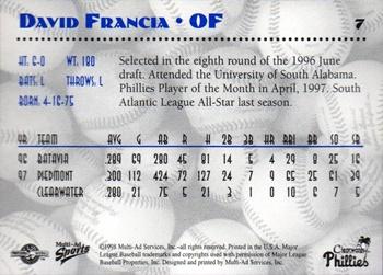 1998 Multi-Ad Clearwater Phillies #7 David Francia Back