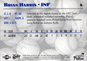 1998 Multi-Ad Clearwater Phillies #8 Brian Harris Back