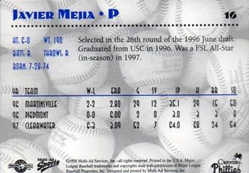 1998 Multi-Ad Clearwater Phillies #16 Javier Mejia Back