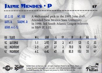 1998 Multi-Ad Clearwater Phillies #17 Jaime Mendes Back