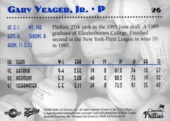 1998 Multi-Ad Clearwater Phillies #26 Gary Yeager  Back