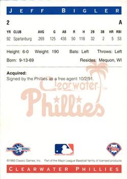 1993 Classic Best Clearwater Phillies #2 Jeff Bigler Back