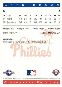1993 Classic Best Clearwater Phillies #5 Greg Brown Back