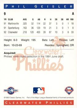 1993 Classic Best Clearwater Phillies #9 Phil Geisler Back