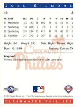 1993 Classic Best Clearwater Phillies #10 Joel Gilmore Back