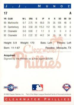 1993 Classic Best Clearwater Phillies #17 J.J. Munoz Back