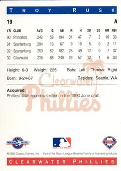 1993 Classic Best Clearwater Phillies #19 Troy Rusk Back