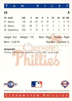 1993 Classic Best Clearwater Phillies #24 Tom Vilet Back