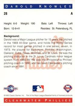 1993 Classic Best Clearwater Phillies #28 Darold Knowles Back