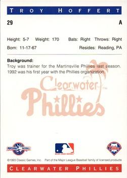 1993 Classic Best Clearwater Phillies #29 Troy Hoffert Back