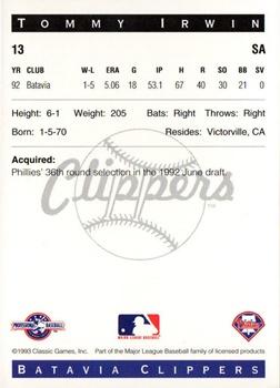 1993 Classic Best Batavia Clippers #13 Tommy Irwin Back