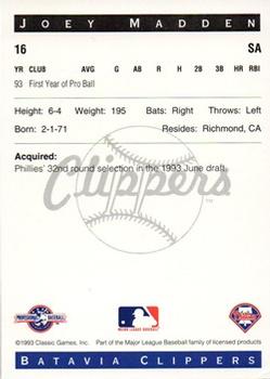1993 Classic Best Batavia Clippers #16 Joey Madden Back