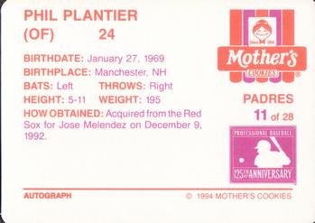 1994 Mother's Cookies San Diego Padres #11 Phil Plantier Back