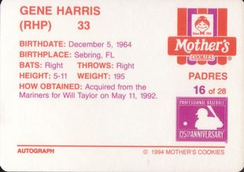 1994 Mother's Cookies San Diego Padres #16 Gene Harris Back
