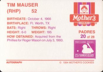 1994 Mother's Cookies San Diego Padres #20 Tim Mauser Back