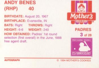 1994 Mother's Cookies San Diego Padres #3 Andy Benes Back