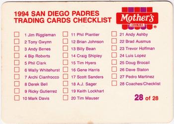 1994 Mother's Cookies San Diego Padres #28 Coaches & Checklist (Sonny Siebert / Rob Picciolo / Dave Bialas / Dan Radison / Merv Rettenmund / Bruce Bochy) Back