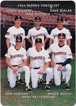 1994 Mother's Cookies San Diego Padres #28 Coaches & Checklist (Sonny Siebert / Rob Picciolo / Dave Bialas / Dan Radison / Merv Rettenmund / Bruce Bochy) Front