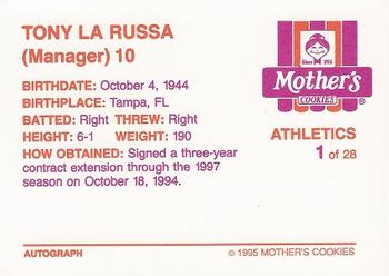 1995 Mother's Cookies Oakland Athletics #1 Tony La Russa Back