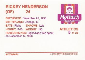 1995 Mother's Cookies Oakland Athletics #5 Rickey Henderson Back